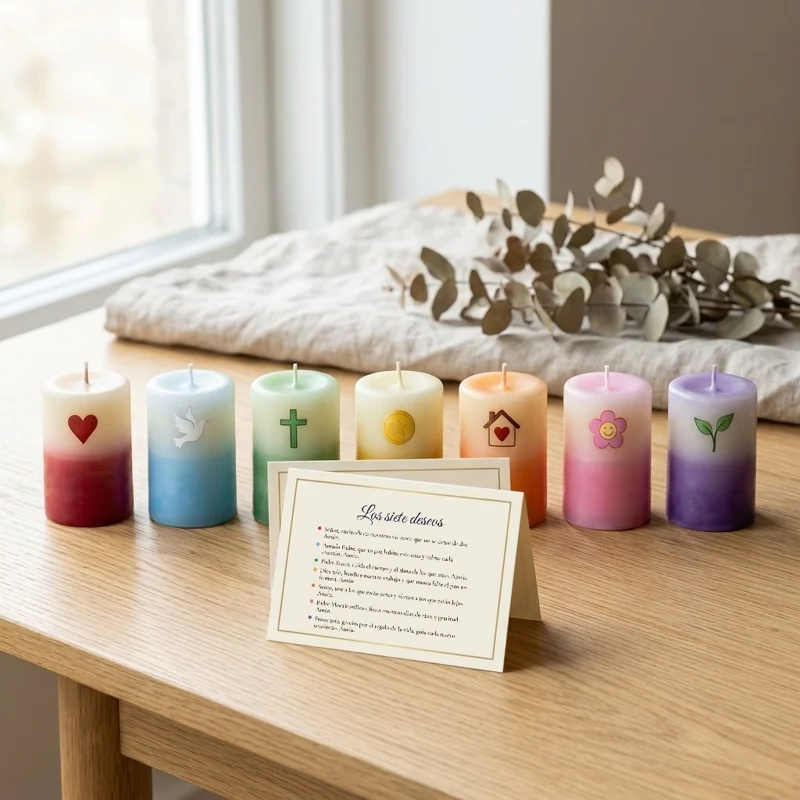 Las siete velas del kit con sus signos y las dos tarjetas: certificado y oración