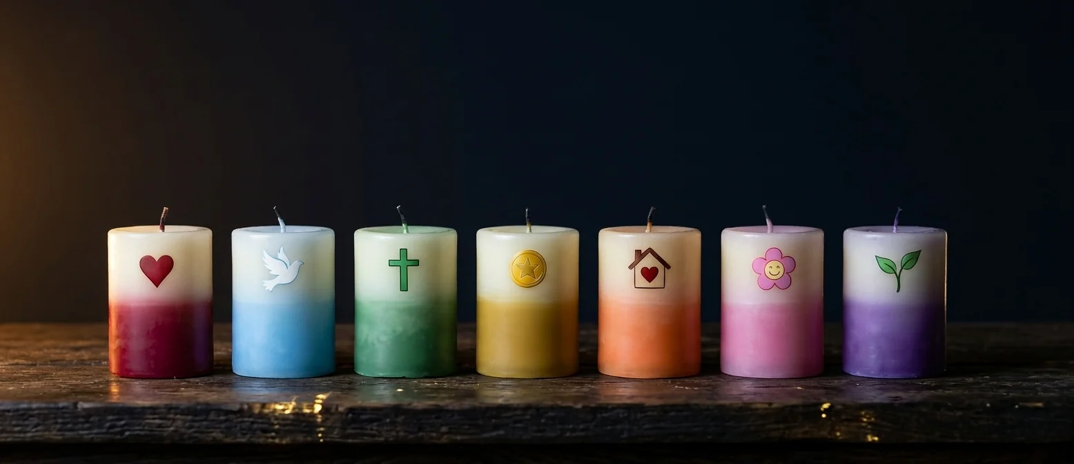 Siete velas con degradado de color a blanco y un signo cada una, sobre un estante de madera oscura