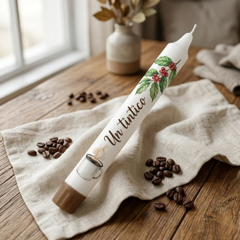Vela blanca con la frase Un tintico, taza de café y ramas de café
