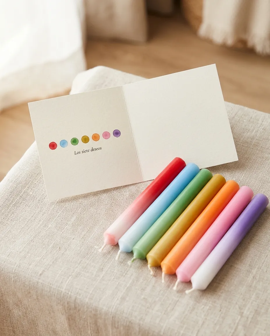 Tarjeta Los siete deseos con velas largas en degradado de colores